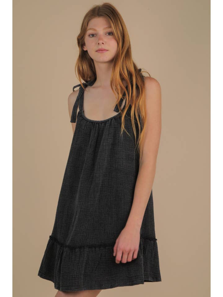 VERY J - Wholesale Dress - Women's - ND31743-Mineral Washed Shoulder Tie Mini Dress