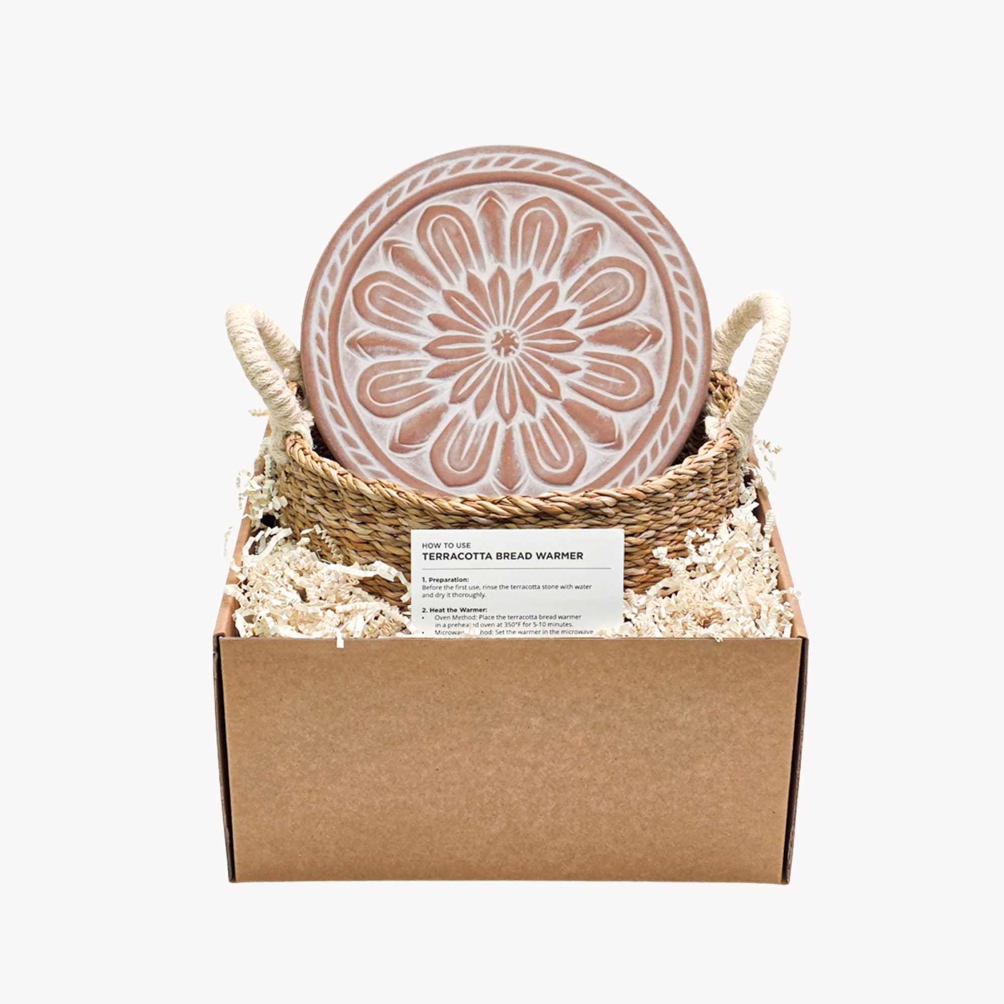 KORISSA – Großhandel Backform – Handgefertigter Brotwärmer aus Terrakotta & Korb aus Seegras – Vintage-Blumenmotiv2