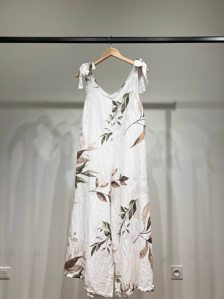 L'Emotion - Wholesale Jumpsuit - Women's - Floral Pattern Knotted Strap Jumpsuit 100% Linen