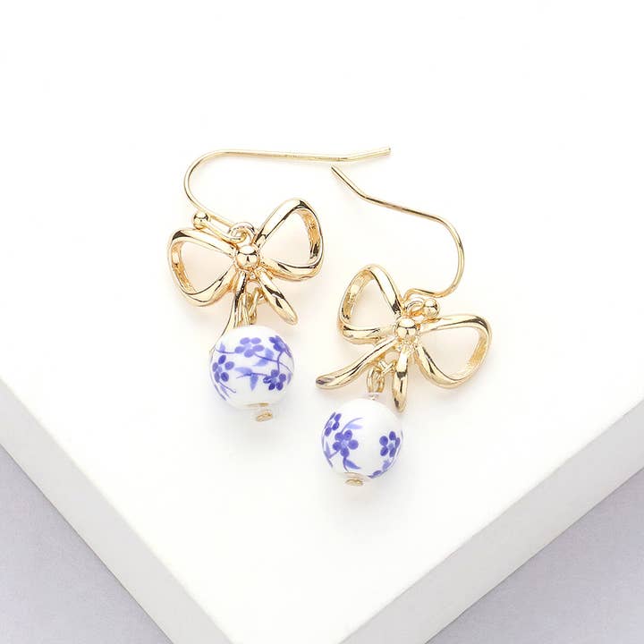 Sensibling Corp. - Wholesale Dangle Earrings - Metal Bow Pointed Floral Pattern Ceramic Ball Dangle Earring