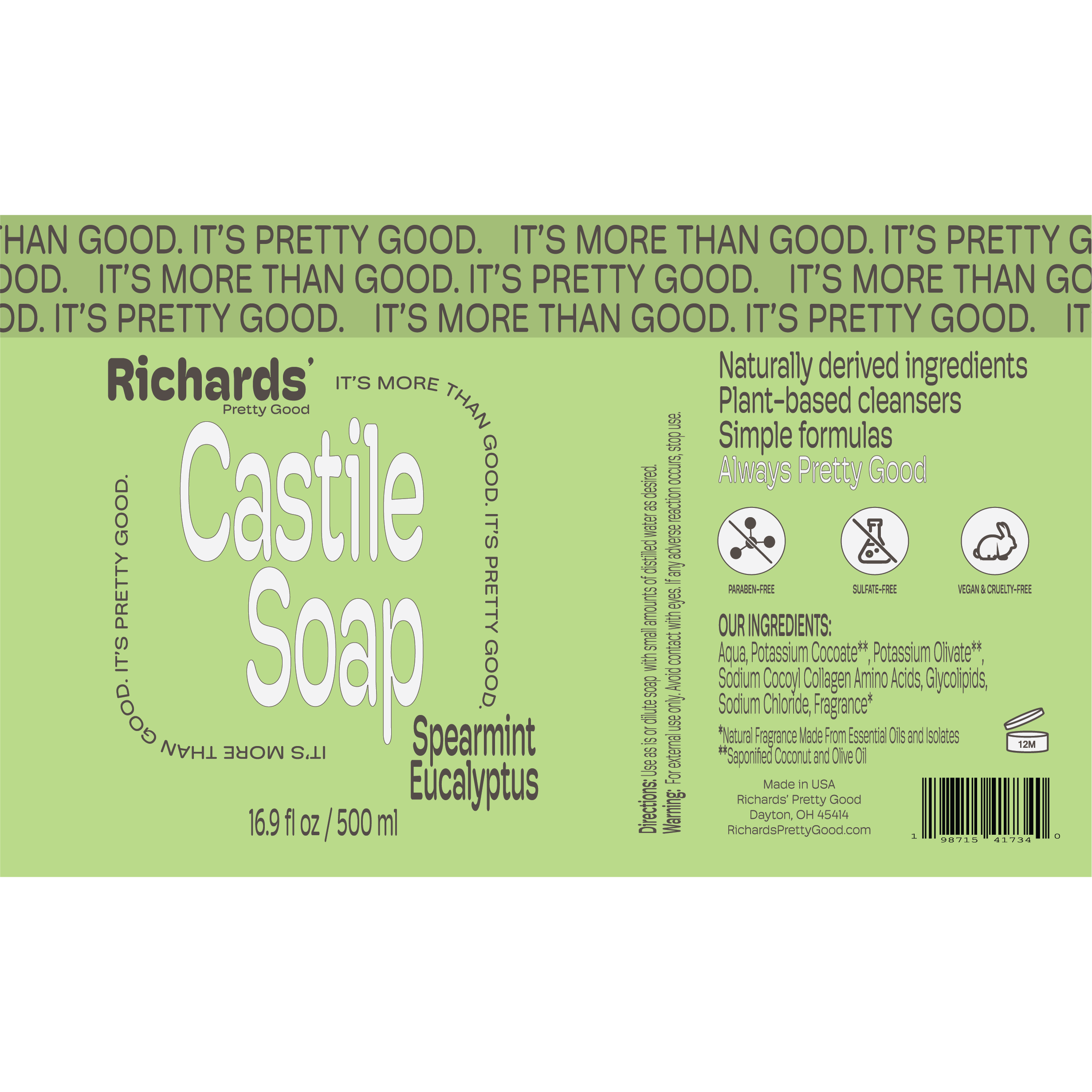 Richards' Pretty Good - Wholesale Body Wash/Shower Gel - Castile Soap - Spearmint Eucalyptus - 500 ml2