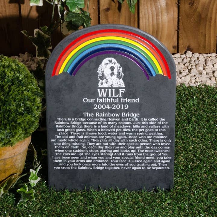 The House nameplate company - Venta al por mayor Urna/caja de recuerdos para mascotas - Monumento personalizado para mascotas, lápida de pizarra, puente arcoíris