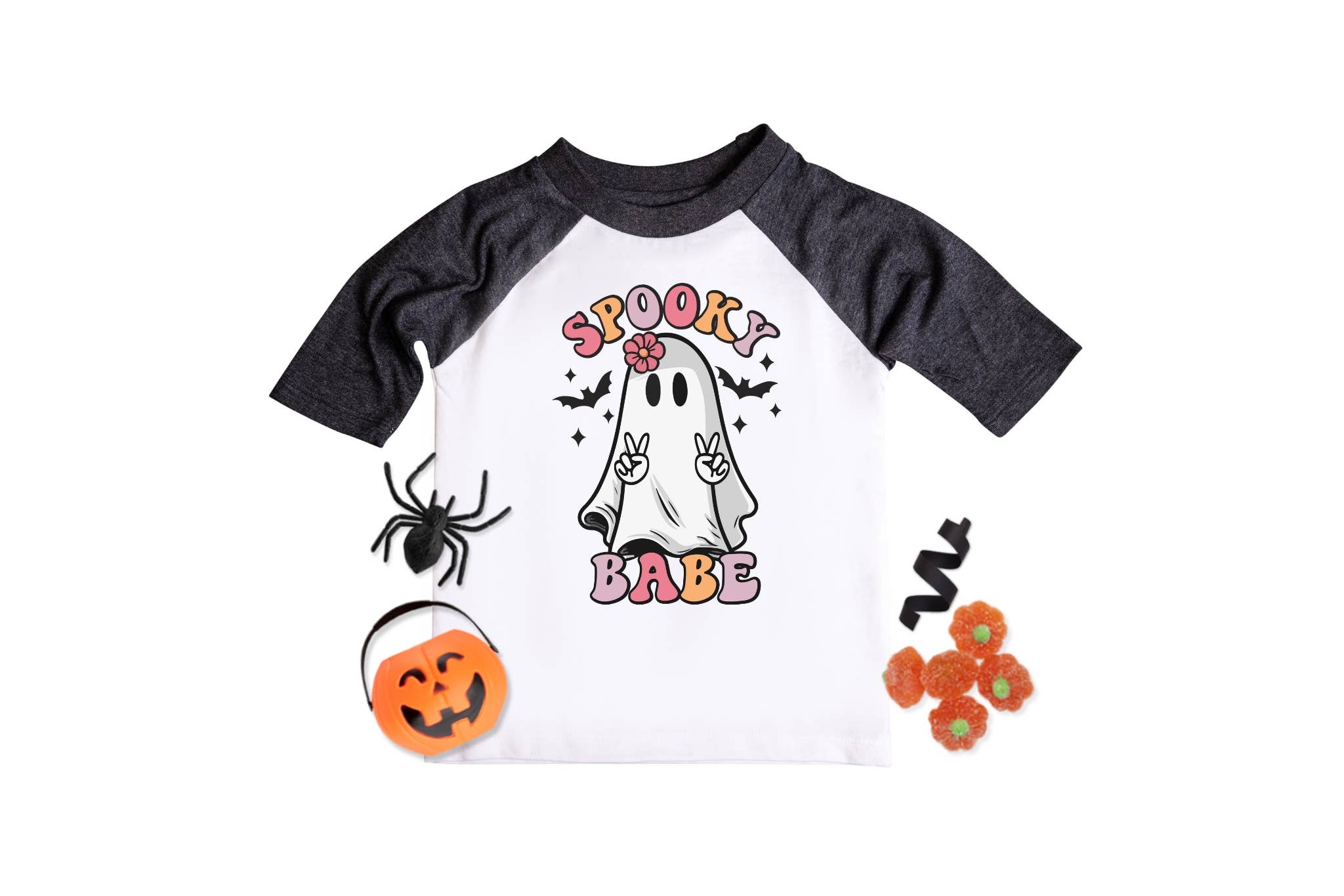 Jumpin' Jaks Tees – wholesale Screen-printed t-shirt – Kids – Spooky Babe Girls Retro Halloween Raglan Style T-Shirt4