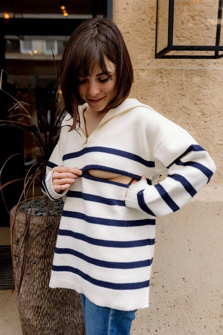Breton shirt Mèrinière nursing sweater with trucker collar for wholesale on Faire7