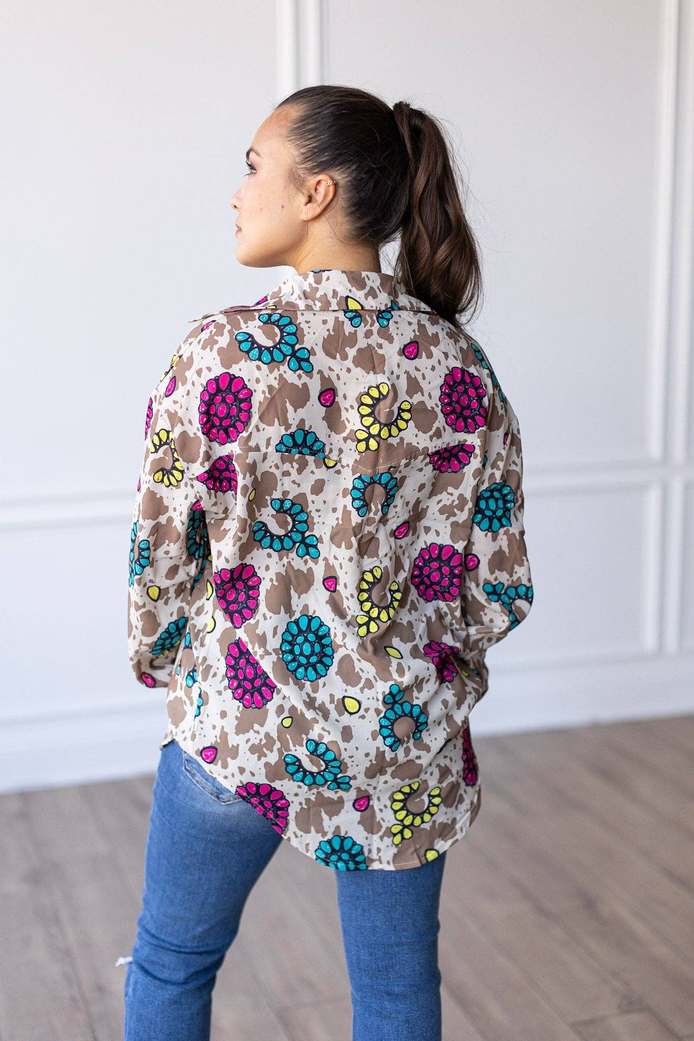 Leopard Rodeo Queen Cow Print Button Down for wholesale on Faire3