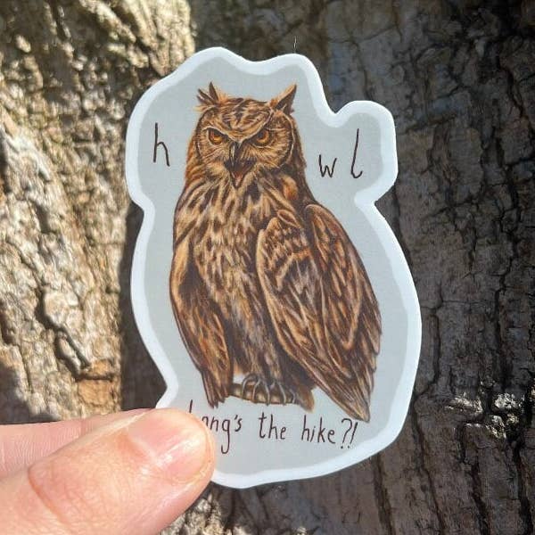 hOWLong's The Hike?|Hiking Sticker|Funny Hiking Owl Sticker for wholesale by Mile Markers