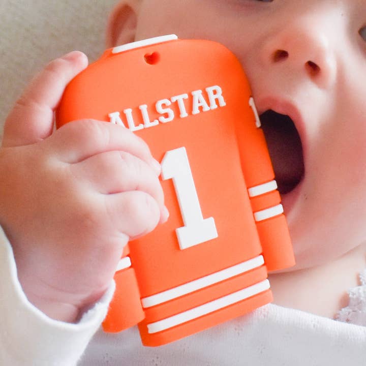 HOCKEY JERSEY Silicone Teether - Orange for wholesale by SloaneandBlake