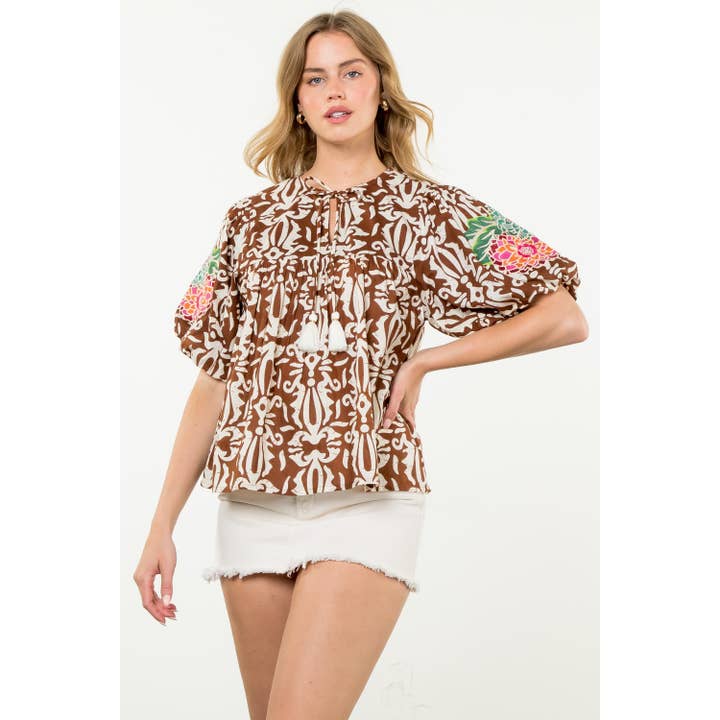 BROWN Print Top With Embroidery for wholesale on Faire