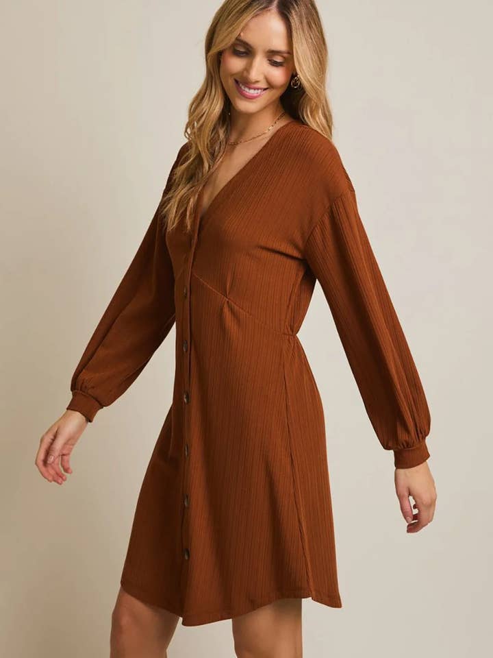 Rust Brown Ribbed Knit Balloon Sleeves Button-Front V-Neck Mini Dress for wholesale on Faire2