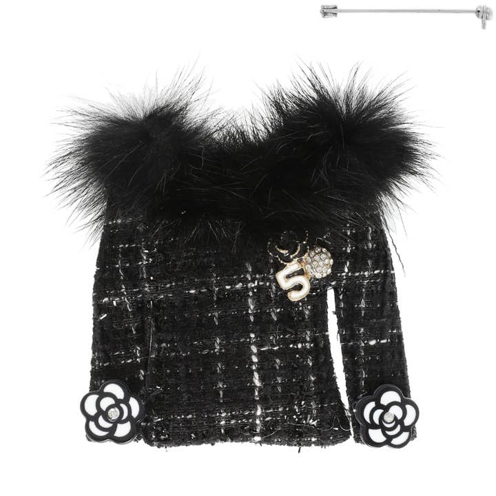 SP Sophia Collection - Wholesale Brooch - Fashionista Faux Fur Collared Cardigan Brooch Pin