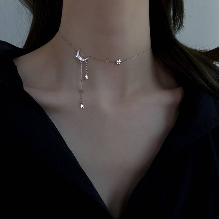 Perimade & Co. LLC - Wholesale Pendant/Charm Necklace - Moon Star Layered Tassel Necklace in 925 Sterling Silver