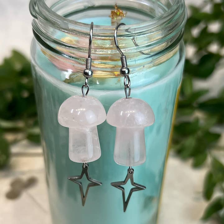 Rose Quartz Mushroom Earrings - Star - Celestial - Steel for wholesale by Earth Star Healing Collective