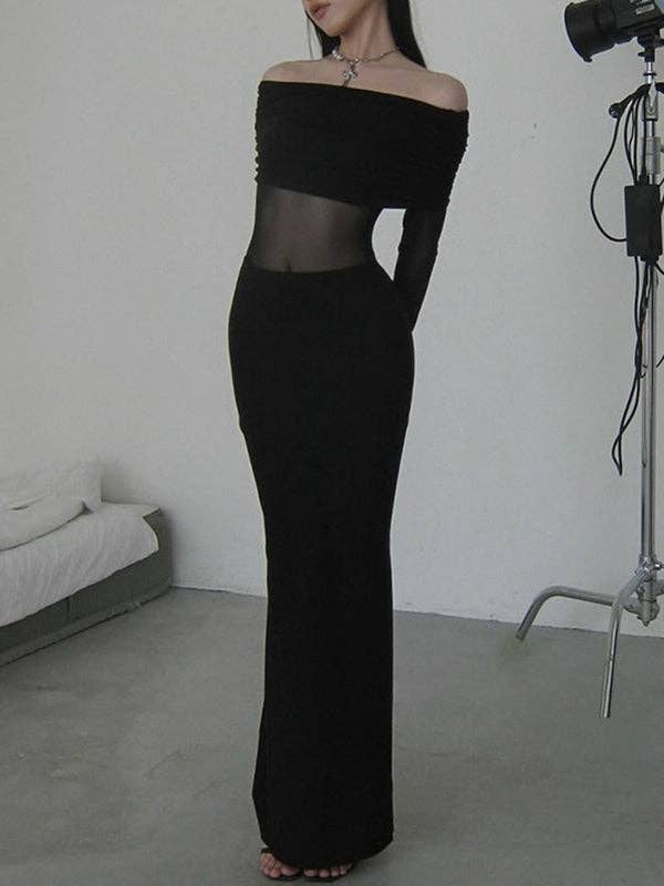 BLACK Long Sleeves Skinny Pleated See-Through Solid Color Split-Joint Off-The-Shoulder Evening Dresses Maxi Dresses for wholesale on Faire