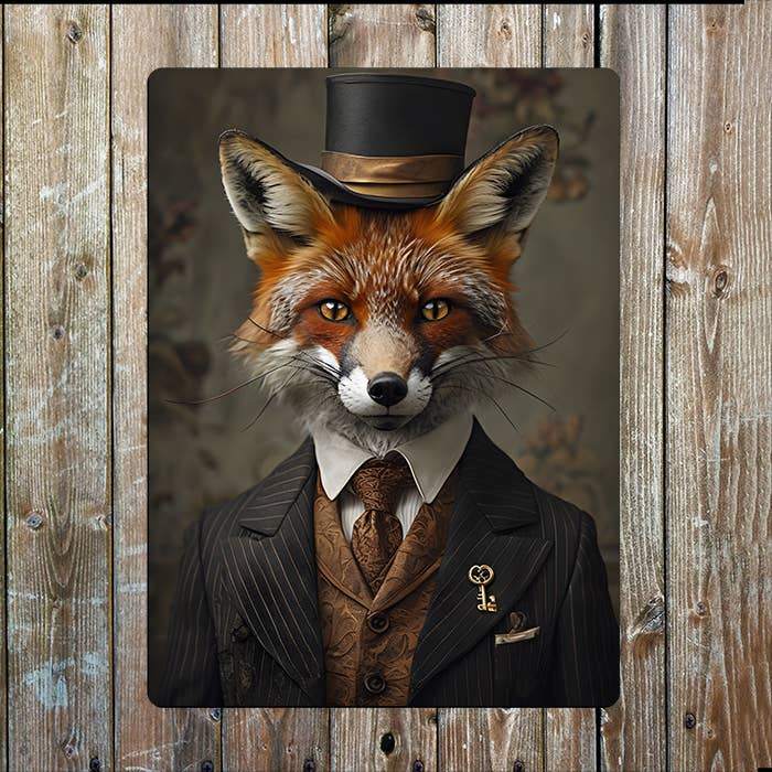 Fox In Elegant Vintage Clothes Top Hat Metal Sign Plaque for wholesale by The British Metal Signs Company