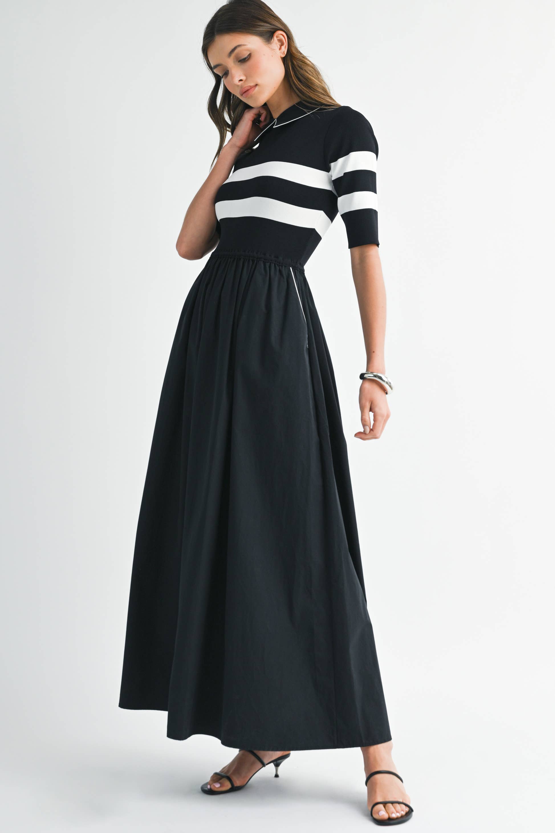 BLACK IVORY NWT0017 Striped Contrast Midi Dress for wholesale on Faire