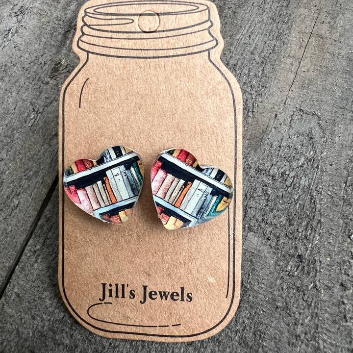 Book Shelf Heart Stud Earrings Book Lover Reading Gift for wholesale by Jill's Jewels