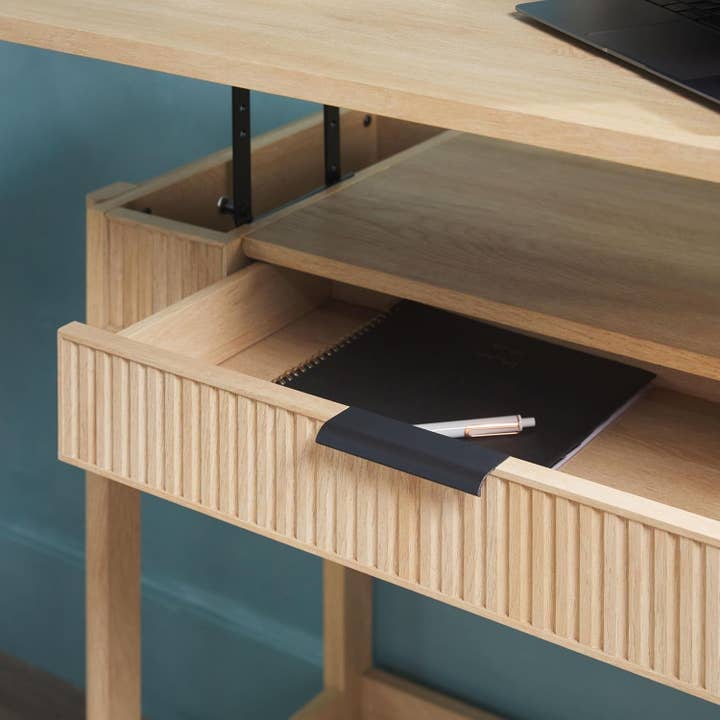 Coastal Oak Transitional Lift-Top Desk With Storage And Adjustable Height for wholesale on Faire6