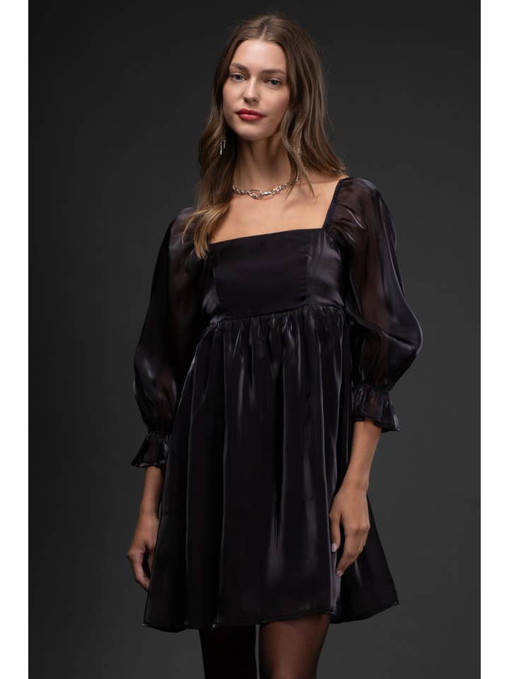 Blu Pepper - Wholesale Dress - Women's - SHIMMER SATIN 3/4 SLEEVE BABYDOLL MINI DRESS