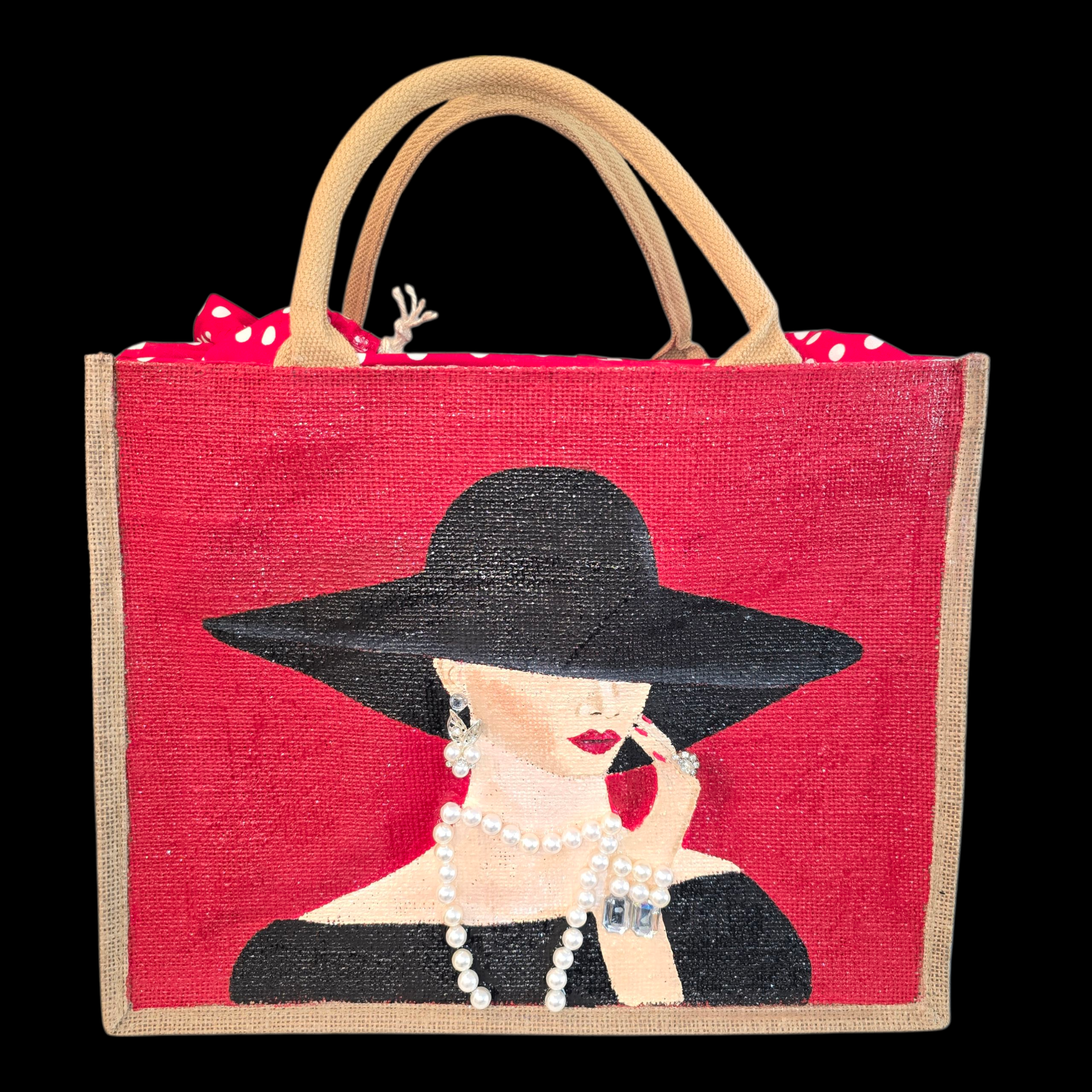 Dana's Uncommon Glass - Wholesale Tote Bag - Women's - Hand-Painted Jute Tote – Elegant Lady in Hat – Pearl Accents1
