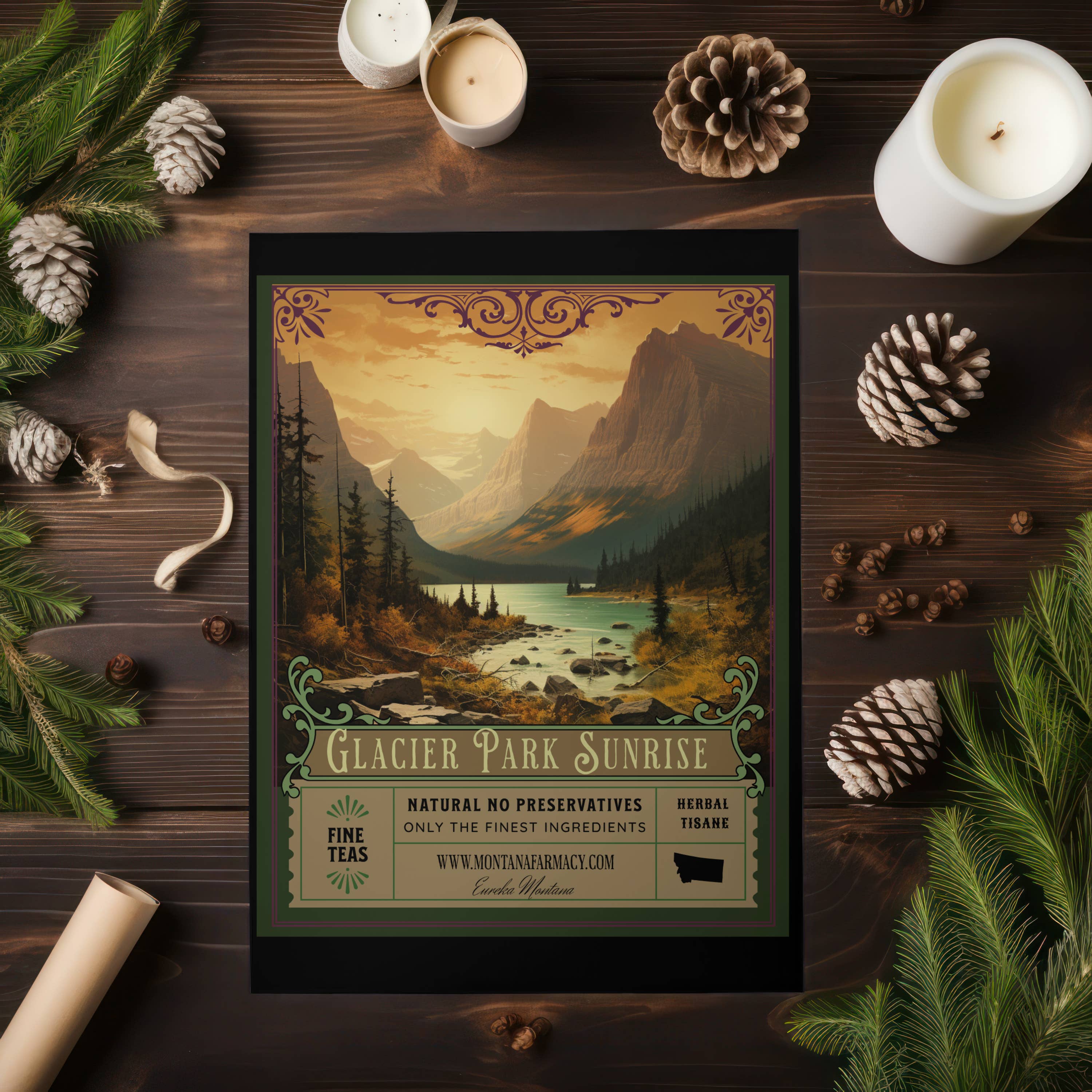 Montana Farmacy - Wholesale Poster - Glacier Morning National Park Tea Montana Farmacy Poster