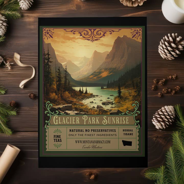 Póster de la farmacia Glacier Morning del Parque Nacional Tea Montana para venta al por mayor de Montana Farmacy