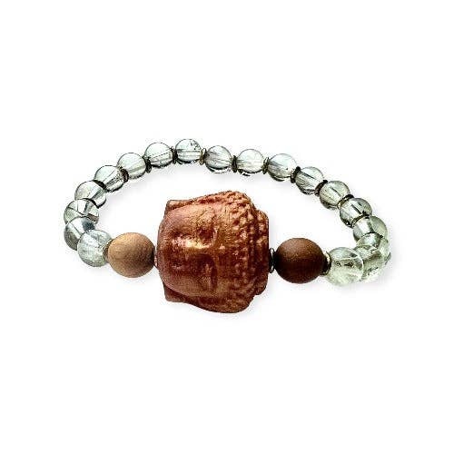 Bracciale in quarzo trasparente, legno di sandalo e Buddha per la vendita all'ingrosso da parte di The Reiki Shop