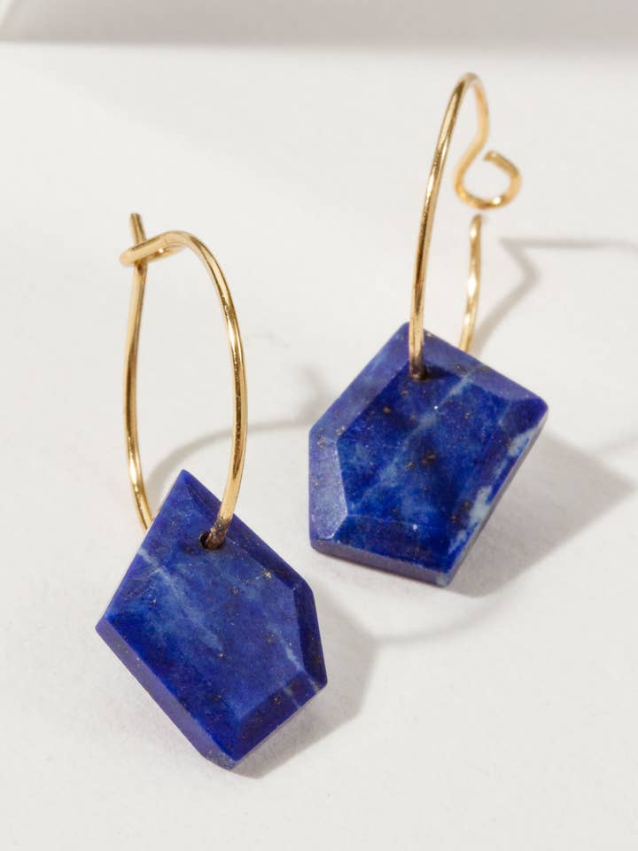14Kt Sterling Silver Geometry Mini Hoop Earrings- Lapis for wholesale by Luna Norte