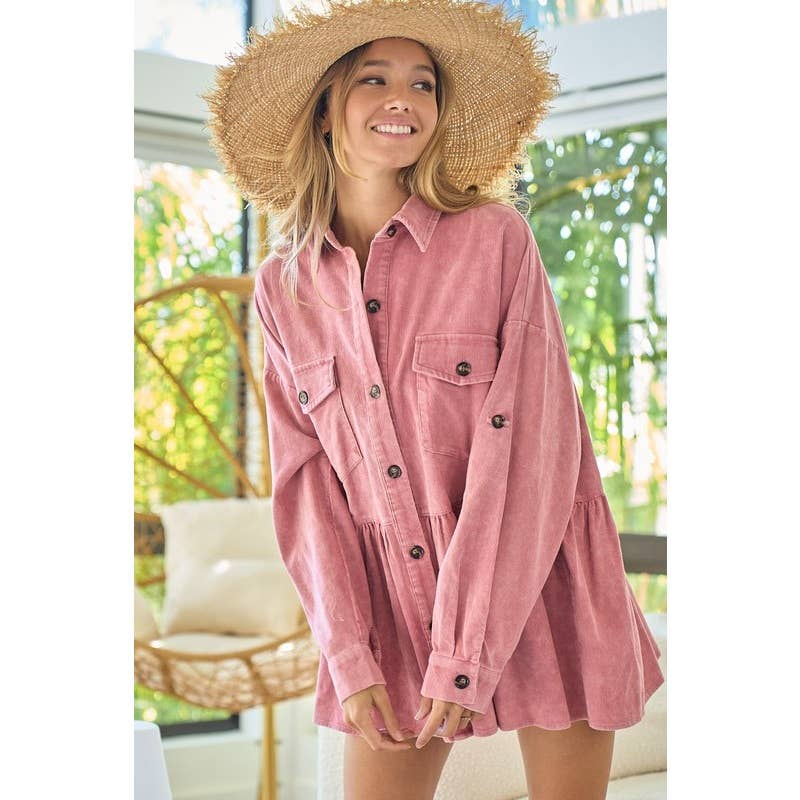 VINTAGE ROSE CORDUROY RUFFLE PEPLUM BUTTON UP SHIRT TOP for wholesale on Faire3