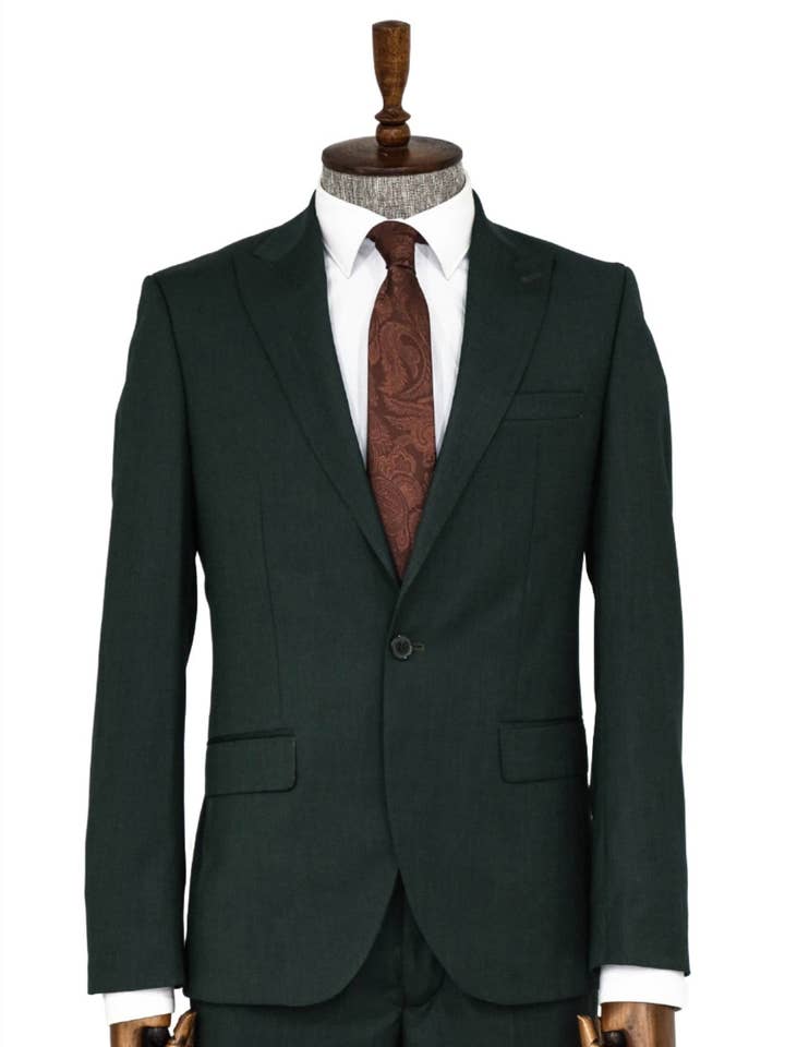 2 Piece Patterned Slim Fit Dark Green Men Suit - Wessi for wholesale by Wessi