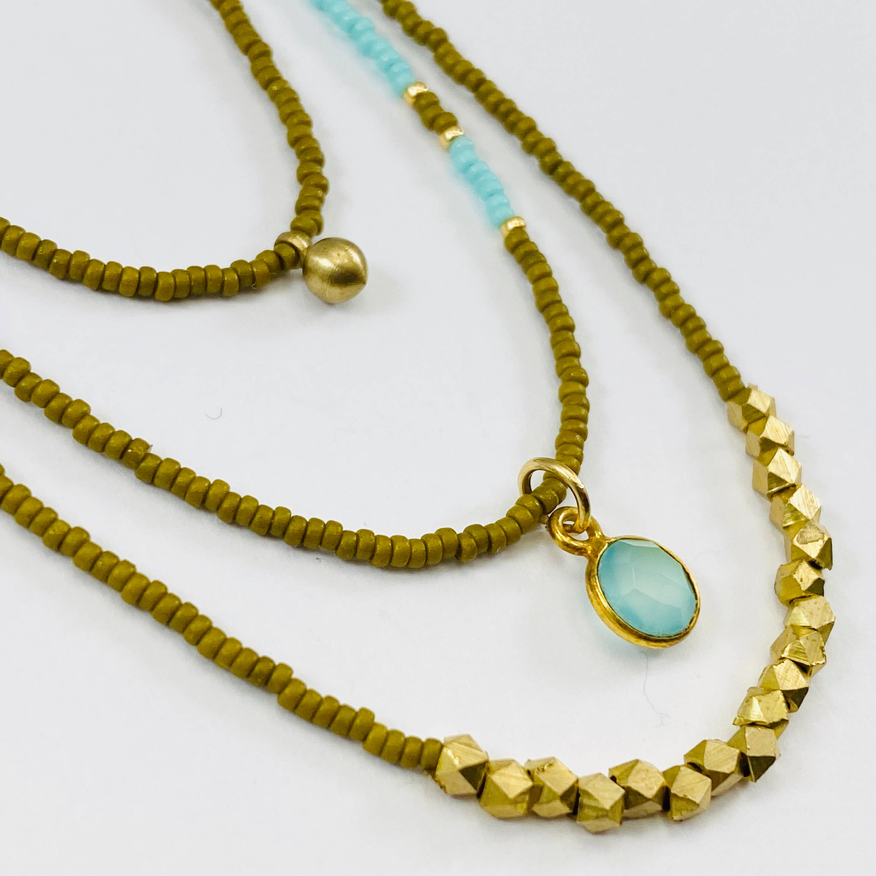 Sarah Crawford Handcrafted - Wholesale Jewelry Set - Greens Triple Beaded Necklace Set - Chalcedony & Tiny Brass2