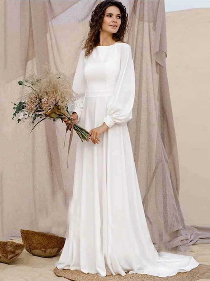 Mars - Classic Minimalist Simple Flow Modest Wedding Dress for wholesale by Unique Modest Bridal