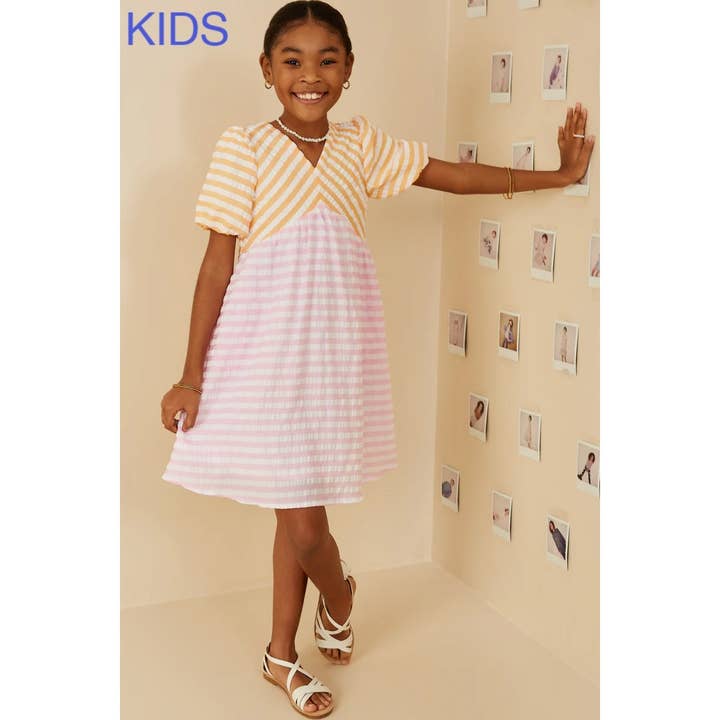 PINK Girls Color Blocked Mixed Seersucker Stripe Dress for wholesale on Faire