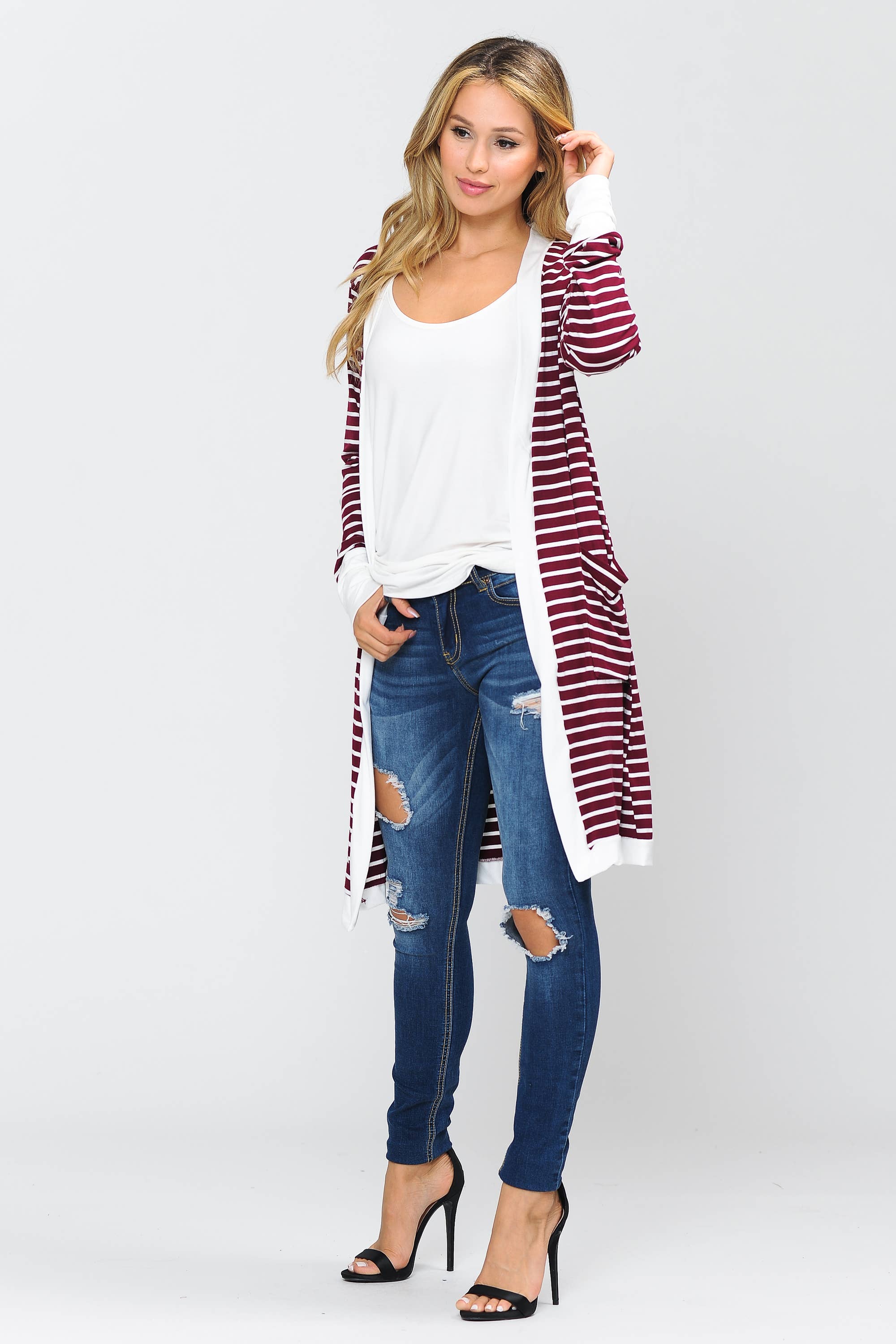 Burgundy Apparel - Wholesale Cardigan - Women's - Stripe Midi Open Cardigan1