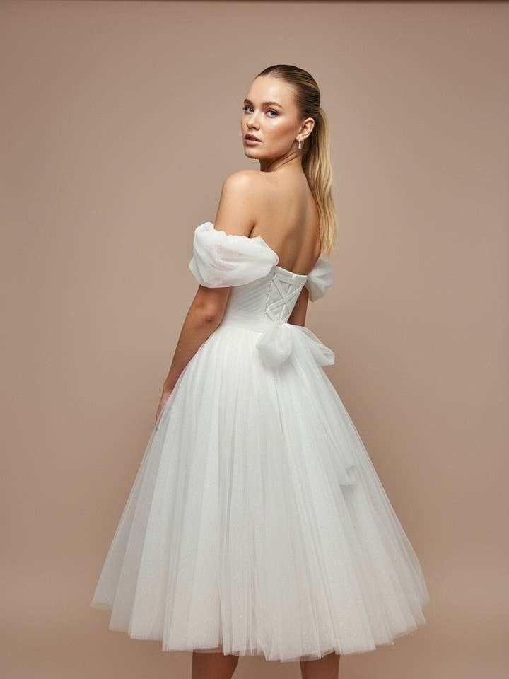 Tulle midi off-shoulder fairy wedding dress for wholesale by Blissful Gown