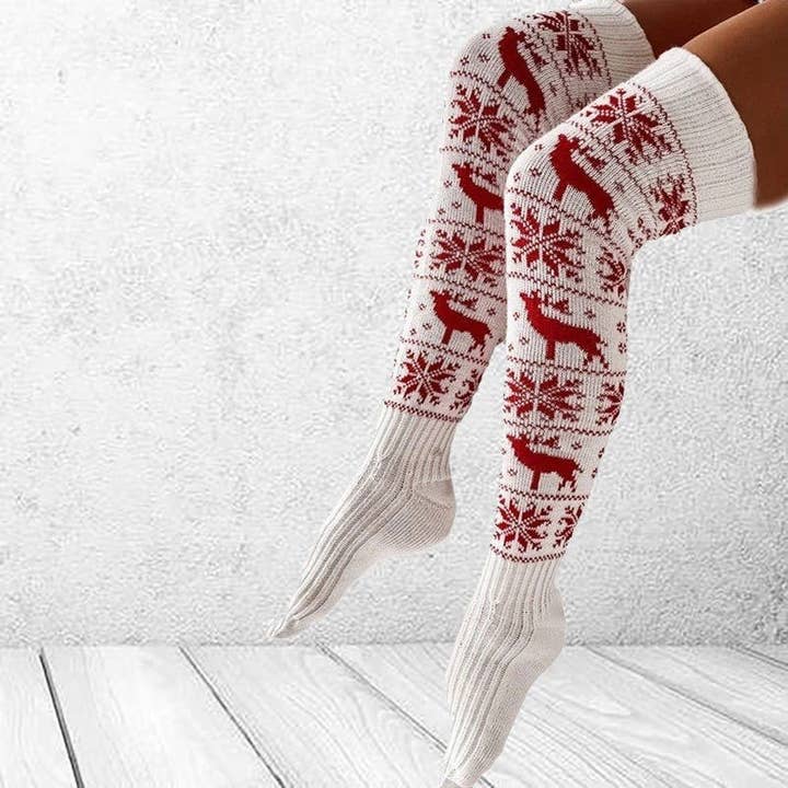 FurDecoration – wholesale Strumpor - Dam – Tjocka julsnöflinga Jacquard stickade långa strumpor