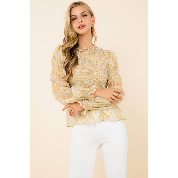 Smocked Paisley Long Sleeve Top for wholesale by THML
