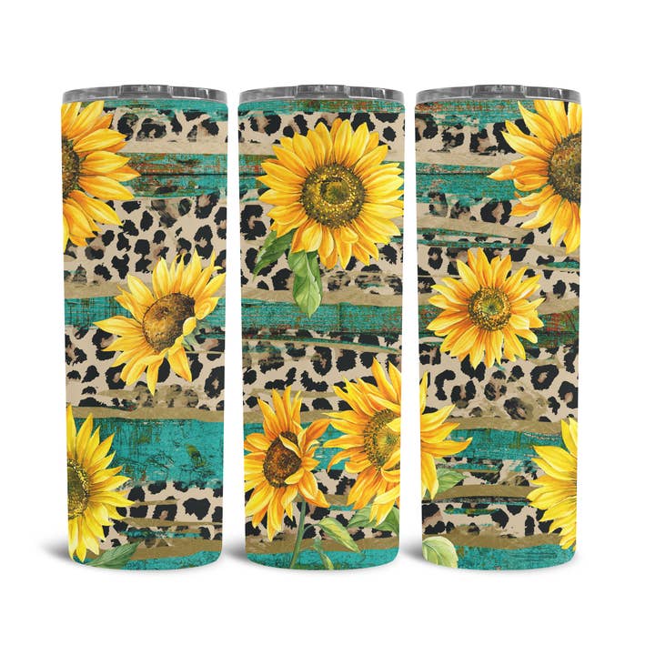 Skinny Tumbler 20oz - Sunflowers and Leopard print for wholesale by Dusty & Delilah Designs