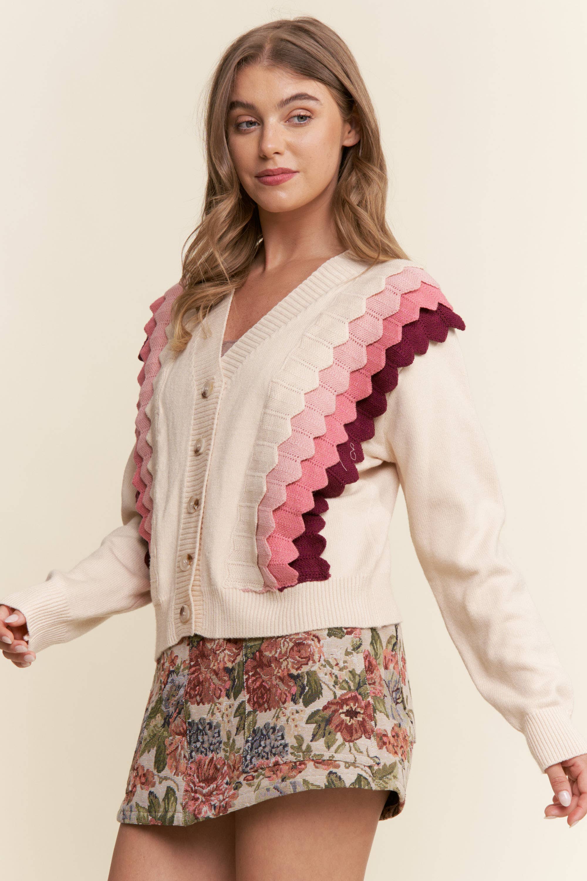 Lyserød Combo Multifarvet lagdelt cardigan med knapper for engroshandel på Faire