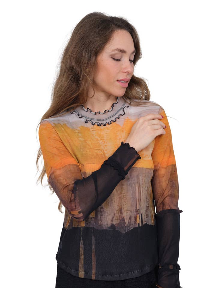 Lior Golden Earth Print Sheer Mesh Long Sleeve Top - Cece for wholesale by LIOR / ALISHA D