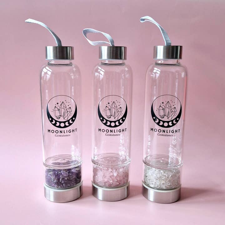 Moonlight Gemstones - Vendita all'ingrosso Borracce - Bottiglia d'Acqua in Vetro con Pietra Preziosa Cristallo di Rocca – 400 ml
