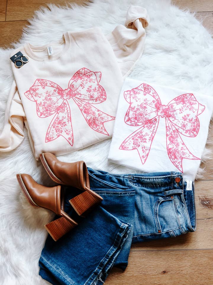 Emerlie Love - Wholesale Graphic Sweatshirt - Women's - Pink Toile Bow Graphic Sweatshirt - Sweet Cream Heather