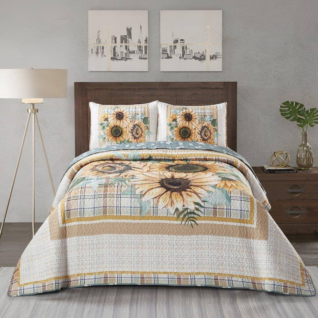 Duke Imports - Wholesale Bedding Set - "Sunflower Bouquet" 3-Piece Designer Microfiber Quilt Set1