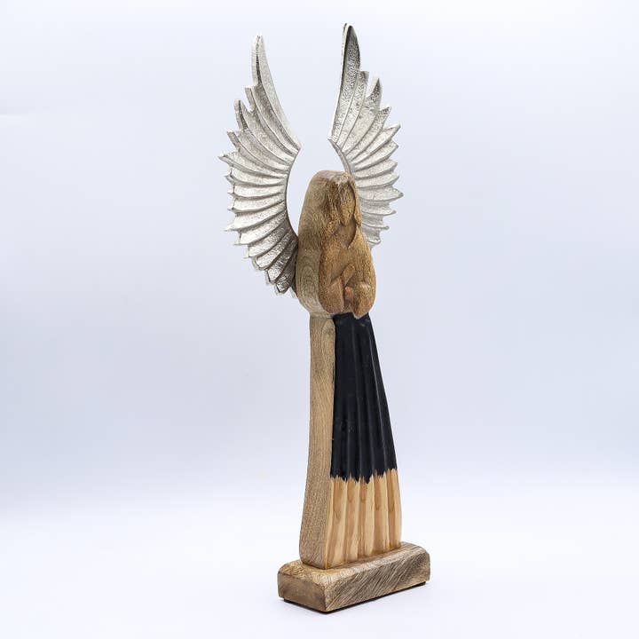Ancient Wisdom – wholesale Decorative figurine – Mango Wood Guardian Angel with Metal Wings - Large 40cm2