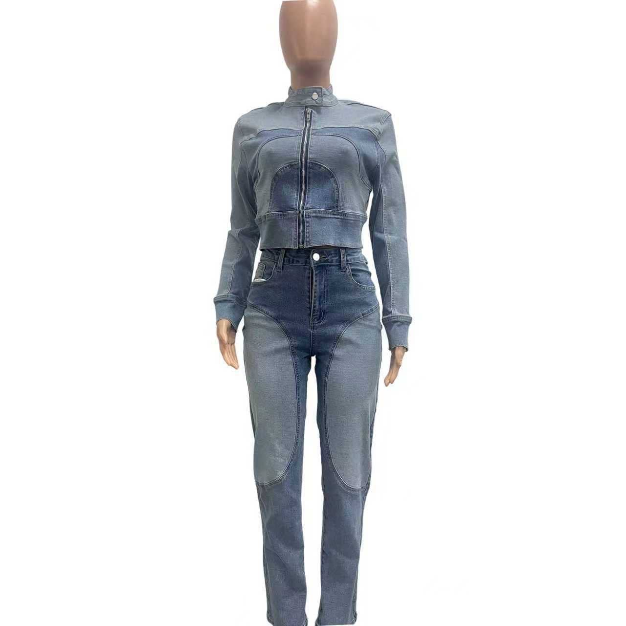 MB Fashion Wholesale - Wholesale Top & Pant Set (NOT Loungewear) - Women's - MB FASHION Two-Piece Zip-Up Denim Jacket and High-Waist Jeans Set 81966