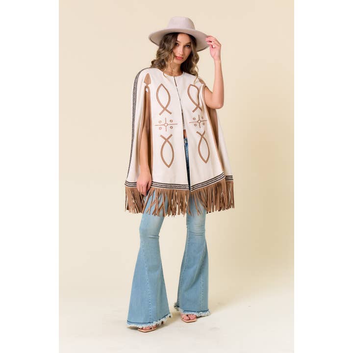 Saints & Hearts - Wholesale Cape - Women's - SIJ5386A CREAM FRINGED CAPE WITH EMBROIDERY3