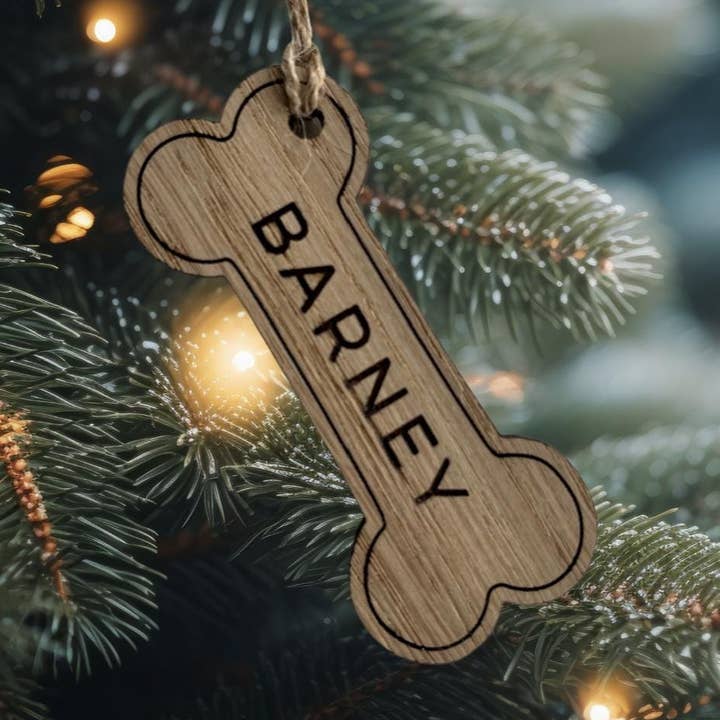 Personalized Pet Christmas Bauble: Oak Veneer Dog Ornament for wholesale by The Flamingo Cabin