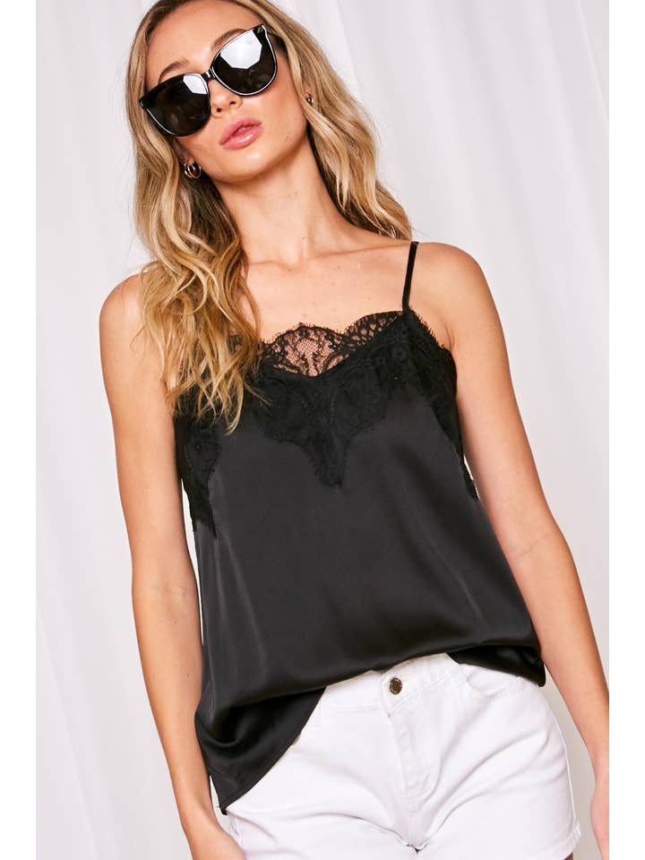 Vine & Love - Wholesale Camisole - Women's - Adjustable Straps Lace Trim Satin Camisole Tank Top VT318412