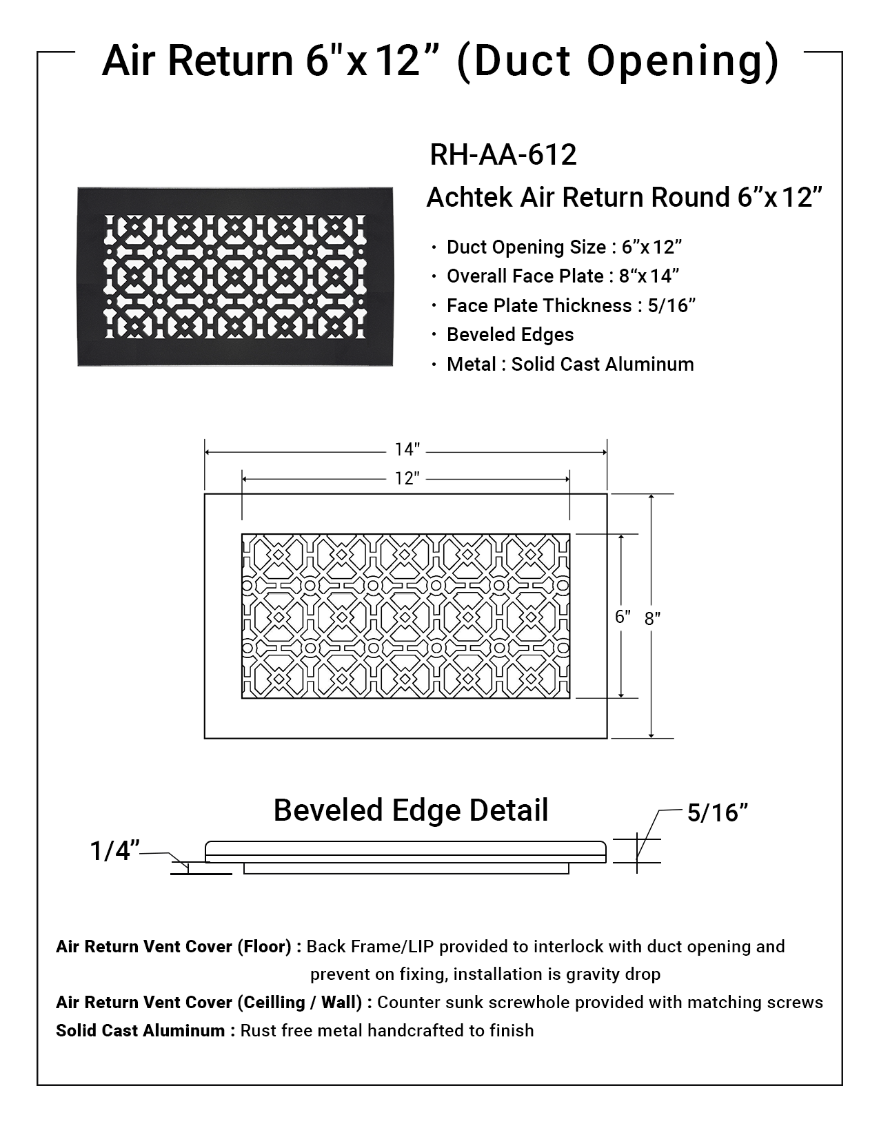 Registers and Hardware Hub Inc. - Wholesale Dimensionele/3D-muurkunst - Air Return Grill 6 „x 12" kanaalopening | Massief gegoten aluminium12