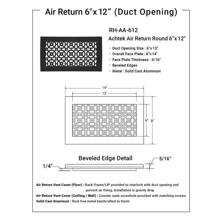 Registers and Hardware Hub Inc. - Wholesale Dimensionele/3D-muurkunst - Air Return Grill 6 „x 12" kanaalopening | Massief gegoten aluminium12
