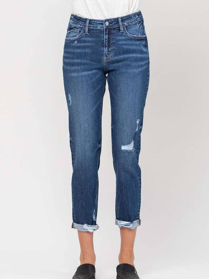 HIGH RISE DISTRESSED DOUBLE CUFFED BOYFRIEND JEANS V2144 for wholesale by VERVET by FLYING MONKEY
